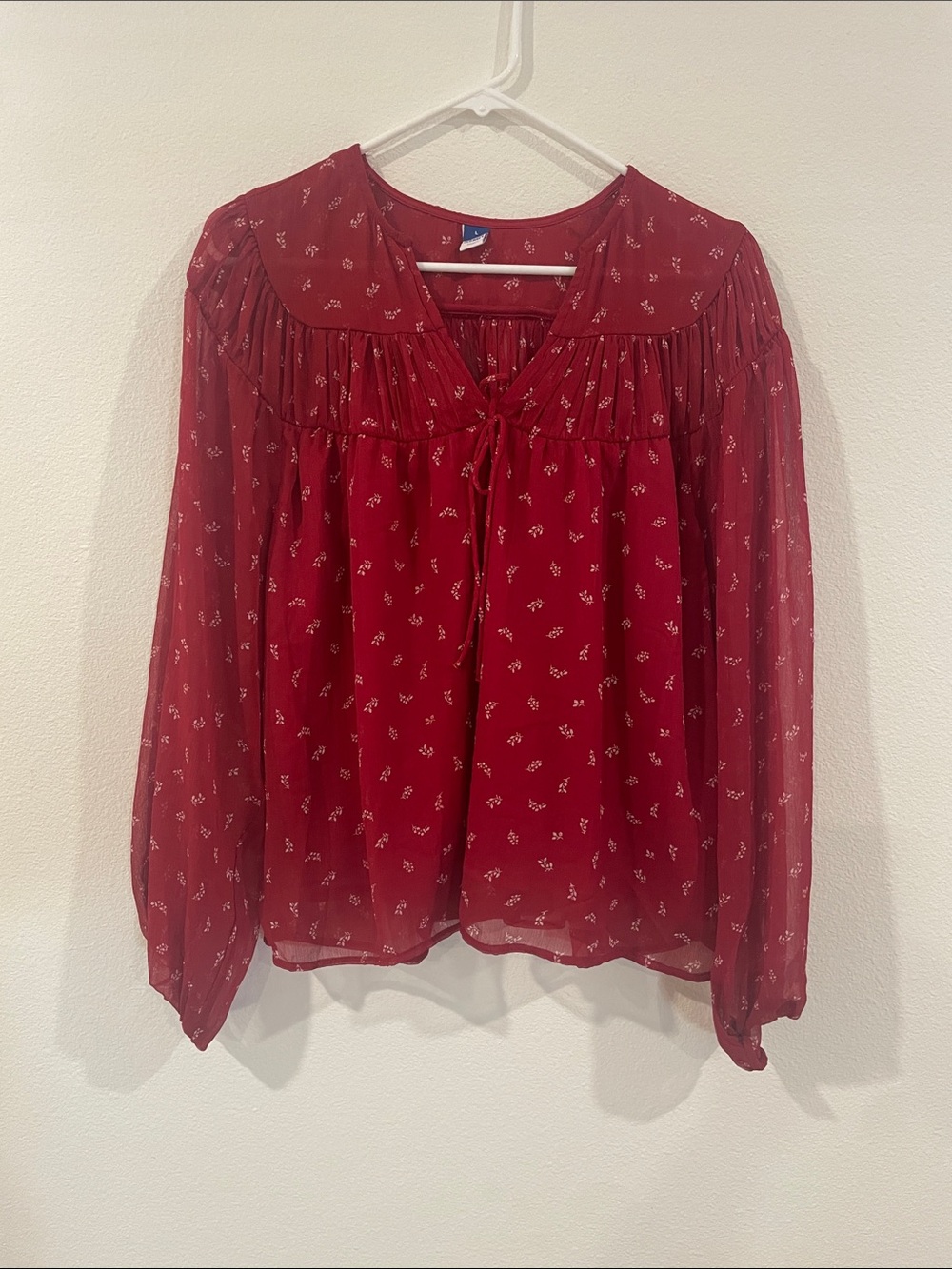 Old Navy Burgundy Floral Tie-Front Sheer Blouse